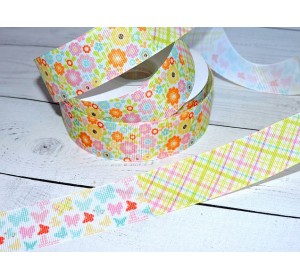 Лента репсовая 25 мм с рисунком ассорти "Бабочки, цветочки" - 1 м.