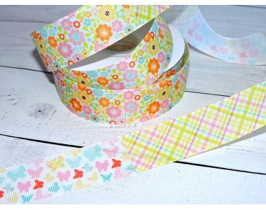 Лента репсовая 25 мм с рисунком ассорти "Бабочки, цветочки" - 1 м.