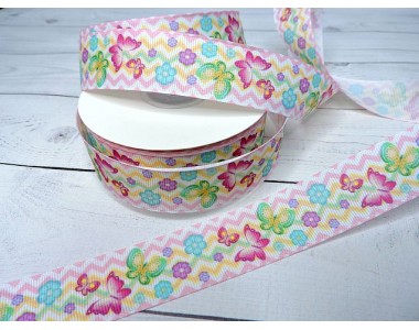 Лента репсовая 25 мм с рисунком "Бабочки №1" - 1 м.