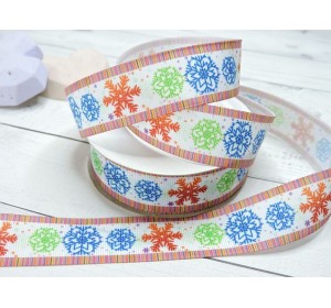 Репсовая лента 25 мм с рисунком "Снежинки разноцветные с полосками"