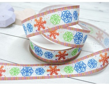 Репсовая лента 25 мм с рисунком "Снежинки разноцветные с полосками"