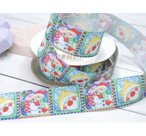 Репсовая лента 25 мм, с рисунком "Снеговики"