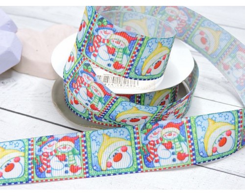 Репсовая лента 25 мм, с рисунком "Снеговики"