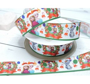 Репсовая лента 25 мм с рисунком " "Эльза, Анна и Олаф-Новый год"("Холодное сердце")"