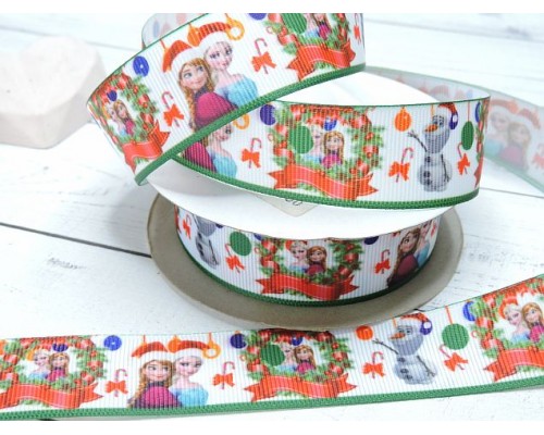 Репсовая лента 25 мм с рисунком " "Эльза, Анна и Олаф-Новый год"("Холодное сердце")"