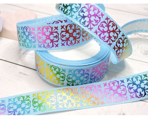 Лента репсовая 25 мм с рисунком "Узор", цв. голубой 