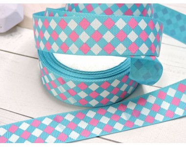 Лента репсовая 25 мм с рисунком "Ромбы", цв. синий