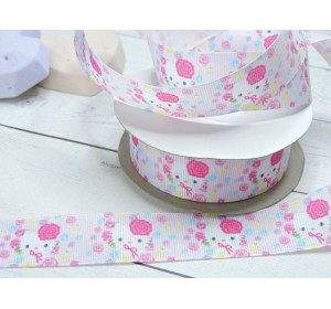 Лента репсовая с рисунком "Китти с розочками"  25 мм