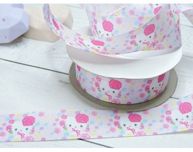 Лента репсовая с рисунком "Китти с розочками"  25 мм