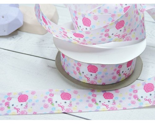 Лента репсовая с рисунком "Китти с розочками"  25 мм