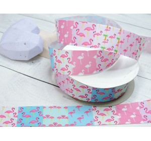 Лента репсовая 25 мм с рисунком "Фламинго" - 1м