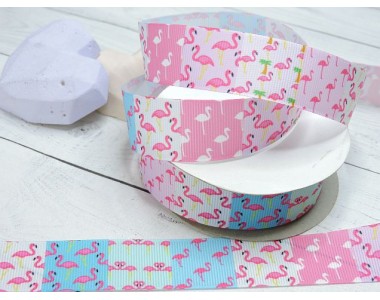 Лента репсовая 25 мм с рисунком "Фламинго" - 1м