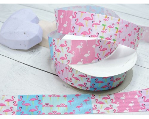 Лента репсовая 25 мм с рисунком "Фламинго" - 1м