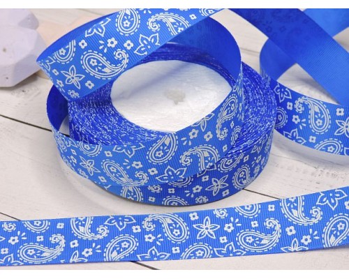Лента репсовая 25 мм с рисунком "Огурцы", цв. синий