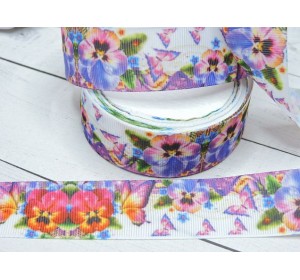 Лента репсовая 25 мм с рисунком "Анютины глазки"