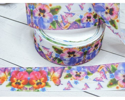 Лента репсовая 25 мм с рисунком "Анютины глазки"