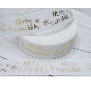Репсовая лента 25 мм с рисунком,  белого цвета с золотой надписью "Merry Christmas"