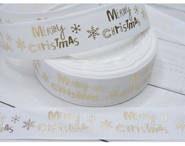 Репсовая лента 25 мм с рисунком,  белого цвета с золотой надписью "Merry Christmas"