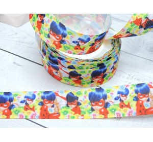 Репсовая лента 25 мм с рисунком  "Леди Баг на цветочном фоне"