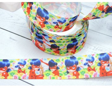 Репсовая лента 25 мм с рисунком  "Леди Баг на цветочном фоне"