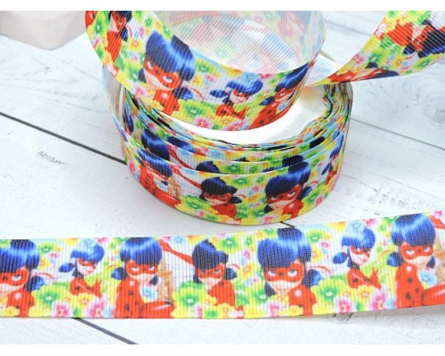 Репсовая лента 25 мм с рисунком  "Леди Баг на цветочном фоне"