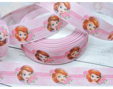 Репсовая лента 25 мм с рисунком 3D, "Принцесса София в рамке"