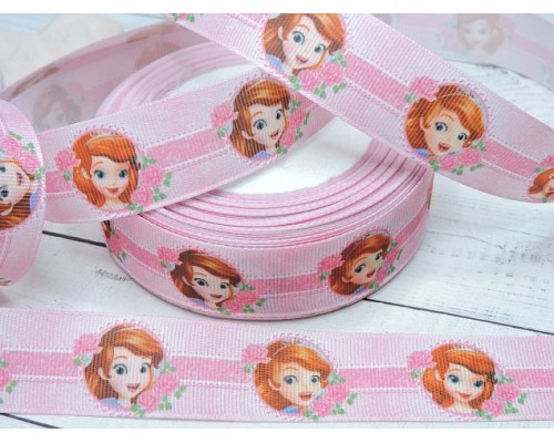 Репсовая лента 25 мм с рисунком 3D, "Принцесса София в рамке"