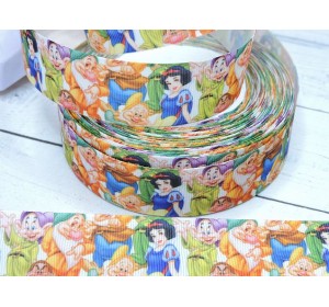 Репсовая лента с рисунком (мультики, 3D) 25мм,  "Белоснежка и 7 гномов"