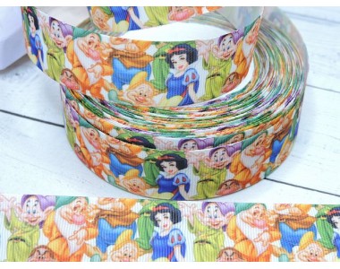 Репсовая лента с рисунком (мультики, 3D) 25мм,  "Белоснежка и 7 гномов"