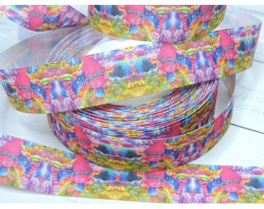 Репсовая лента с рисунком (мультики, 3D) 25мм  "Тролли"