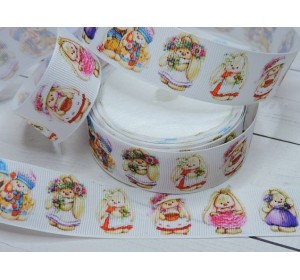 Репсовая лента 25 мм с рисунком 3D, "Девочки-кролики"