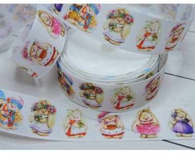 Репсовая лента 25 мм с рисунком 3D, "Девочки-кролики"