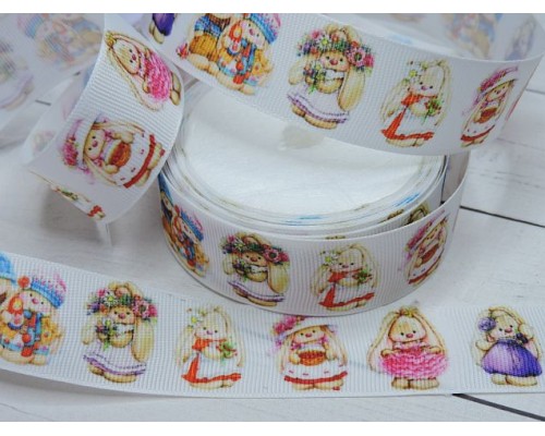 Репсовая лента 25 мм с рисунком 3D, "Девочки-кролики"