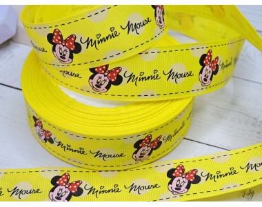 Репсовая лента с рисунком "Мини Маус" желтый (мультики, 3D) 25мм