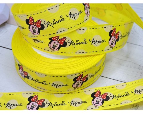 Репсовая лента с рисунком "Мини Маус" желтый (мультики, 3D) 25мм