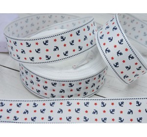 Репсовые ленты 25 мм белого цвета с рисунком "Якоря и красные Звездочки" - 1м