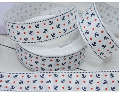Репсовые ленты 25 мм белого цвета с рисунком "Якоря и красные Звездочки" - 1м