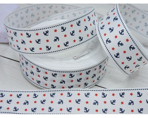 Репсовые ленты 25 мм белого цвета с рисунком "Якоря и красные Звездочки" - 1м