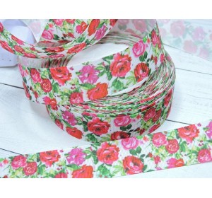 Репсовая лента 25 мм  с рисунком  "Розы"