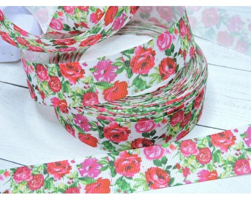 Репсовая лента 25 мм  с рисунком  "Розы"