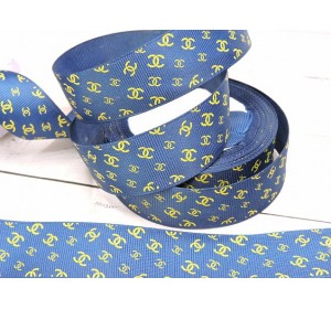Репсовая лента темно-синего цвета с рисунком "Шанель золото" 25мм