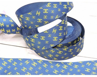 Репсовая лента темно-синего цвета с рисунком "Шанель золото" 25мм
