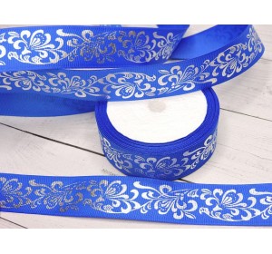 Репсовая лента 25 мм с рисунком "Серебряный узор", синего цвета