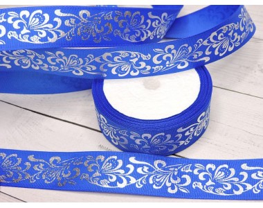 Репсовая лента 25 мм с рисунком "Серебряный узор", синего цвета