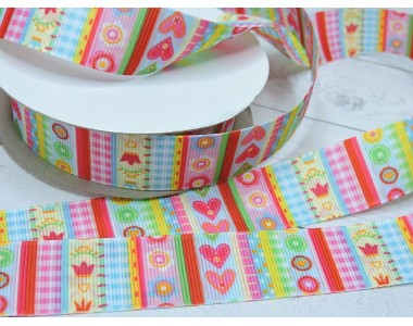 Репсовая лента 25 мм двусторонняя с рисунком   "Забавные узоры"