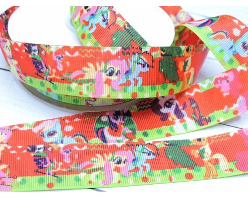 Репсовая лента 25 мм двусторонняя с рисунком  "Пони" 