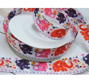 Репсовая лента 25 мм двусторонняя с рисунком  "Слоники"