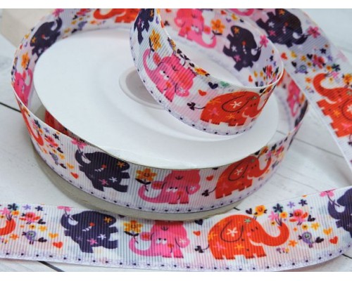 Репсовая лента 25 мм двусторонняя с рисунком  "Слоники"