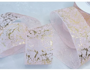 Органза 40 мм "Узор", цв. золото/розовый - 1 м.