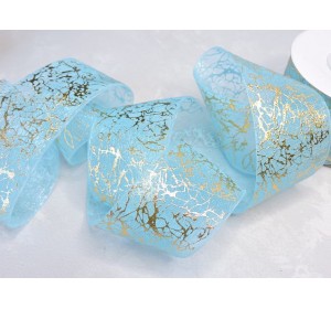 Органза 40 мм "Узор", цв. золото/голубой - 1 м.